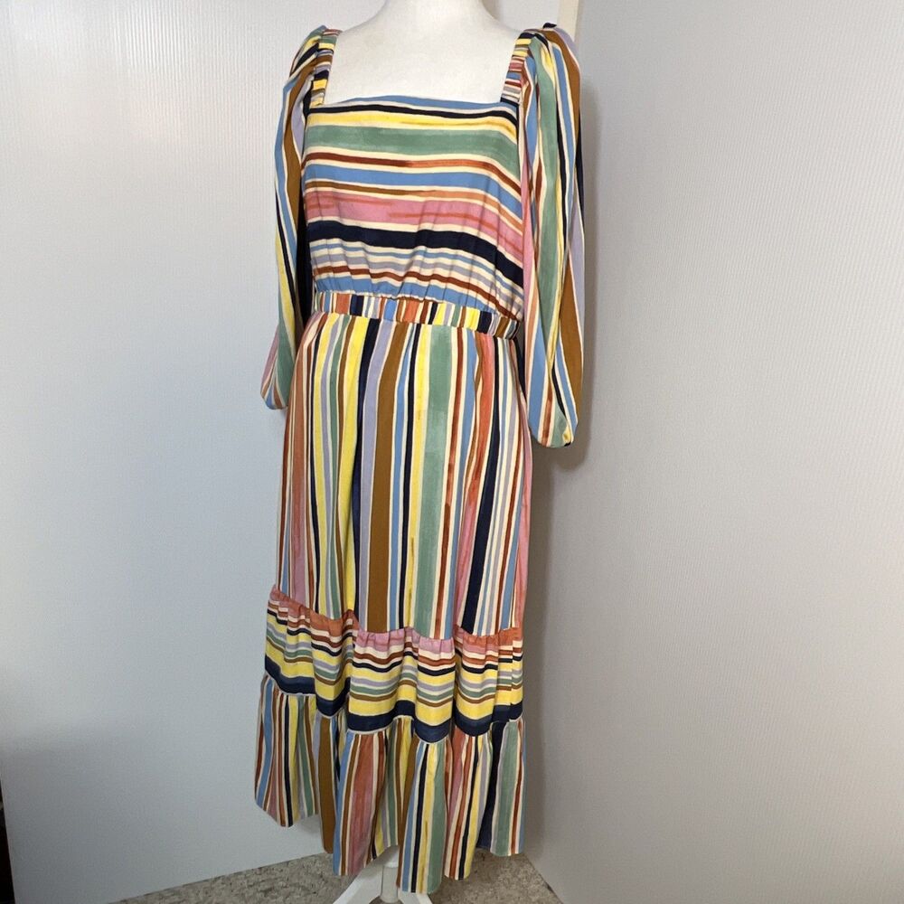 Donna Morgan Rainbow Stripe Tiered Midi Dress Sz 8 Square Neck‎ Cottagecore Boho